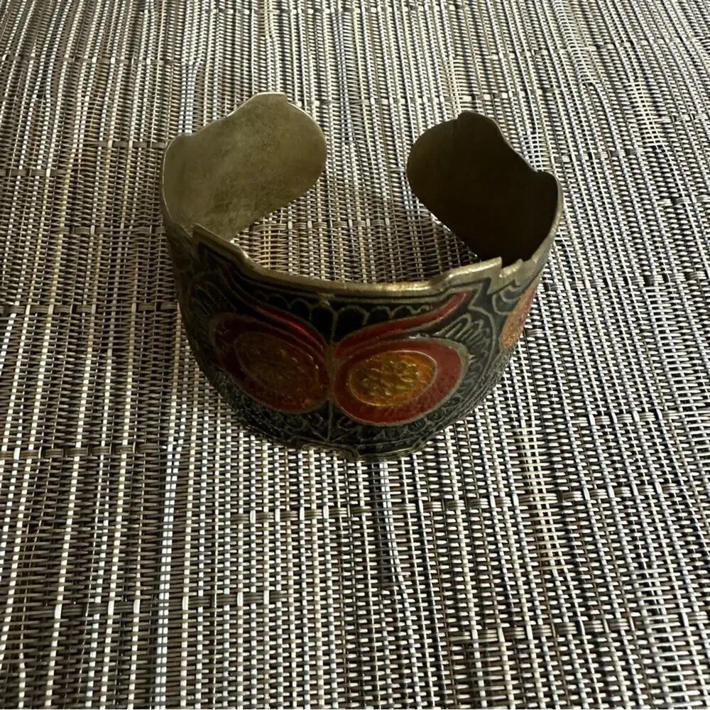 Vintage Brass Owl Cuff Bracelet Enamel India  * flaws 60s 70s 80s